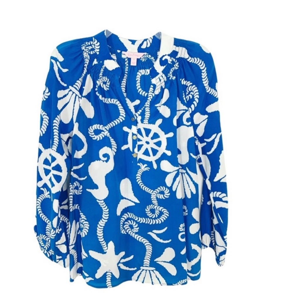 Lilly Pulitzer Elsa Schooner Blue Dock Hopper Silk Long Sleeve Blouse Sz XS